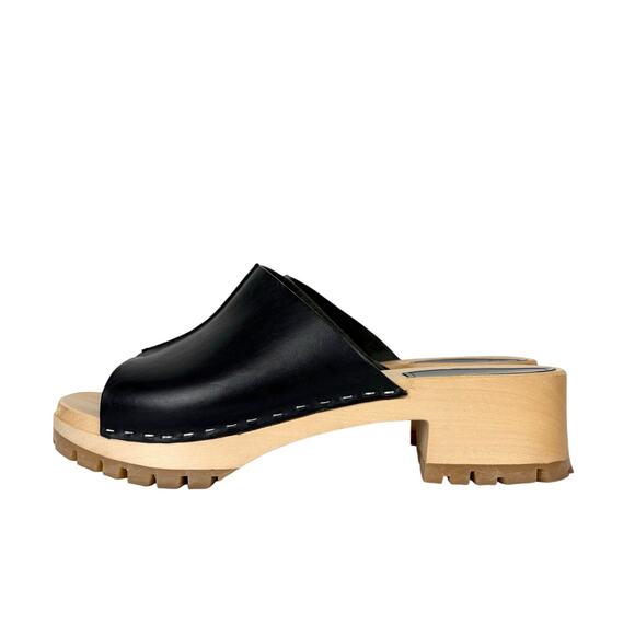 Swedish Hasbeens Ann Low Sandals Mules Clogs Black Leather Wooden Sole Size 41 - Picture 1 of 13